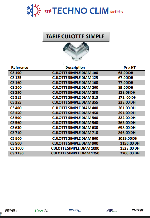 Tarif du produit